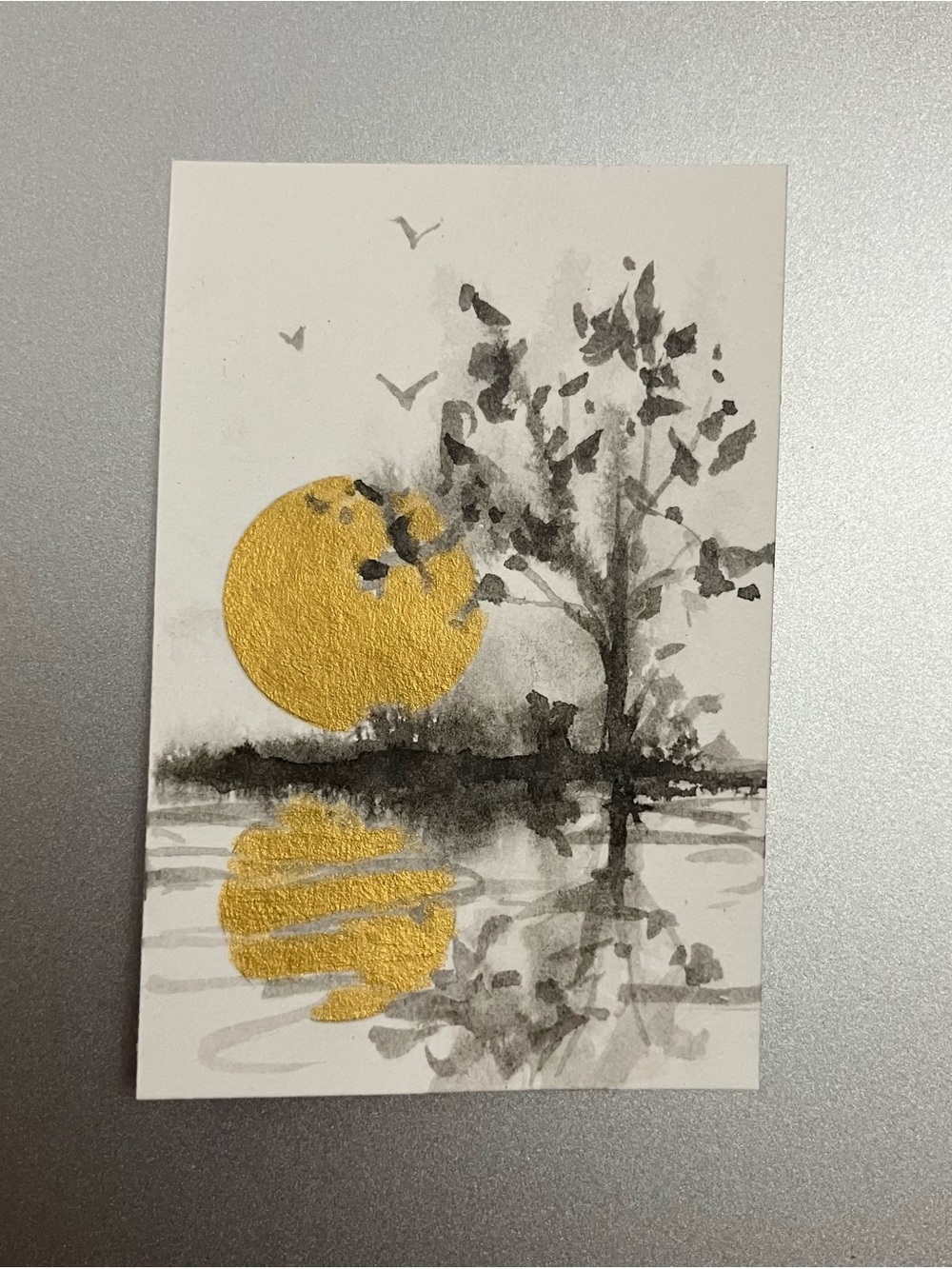 Original tree sunset painting miniature realism sumi-e style ink gift art Ettina